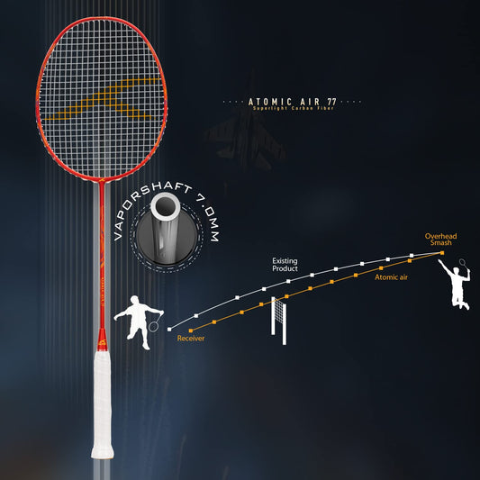 HUNDRED Atomic Air 77 Carbonfaser-Badmintonschläger mit Besaitung und vollständiger Schlägerhülle  Für fortgeschrittene Spieler | 77 Gramm | Maximale Saitenspannung – 32 lbs