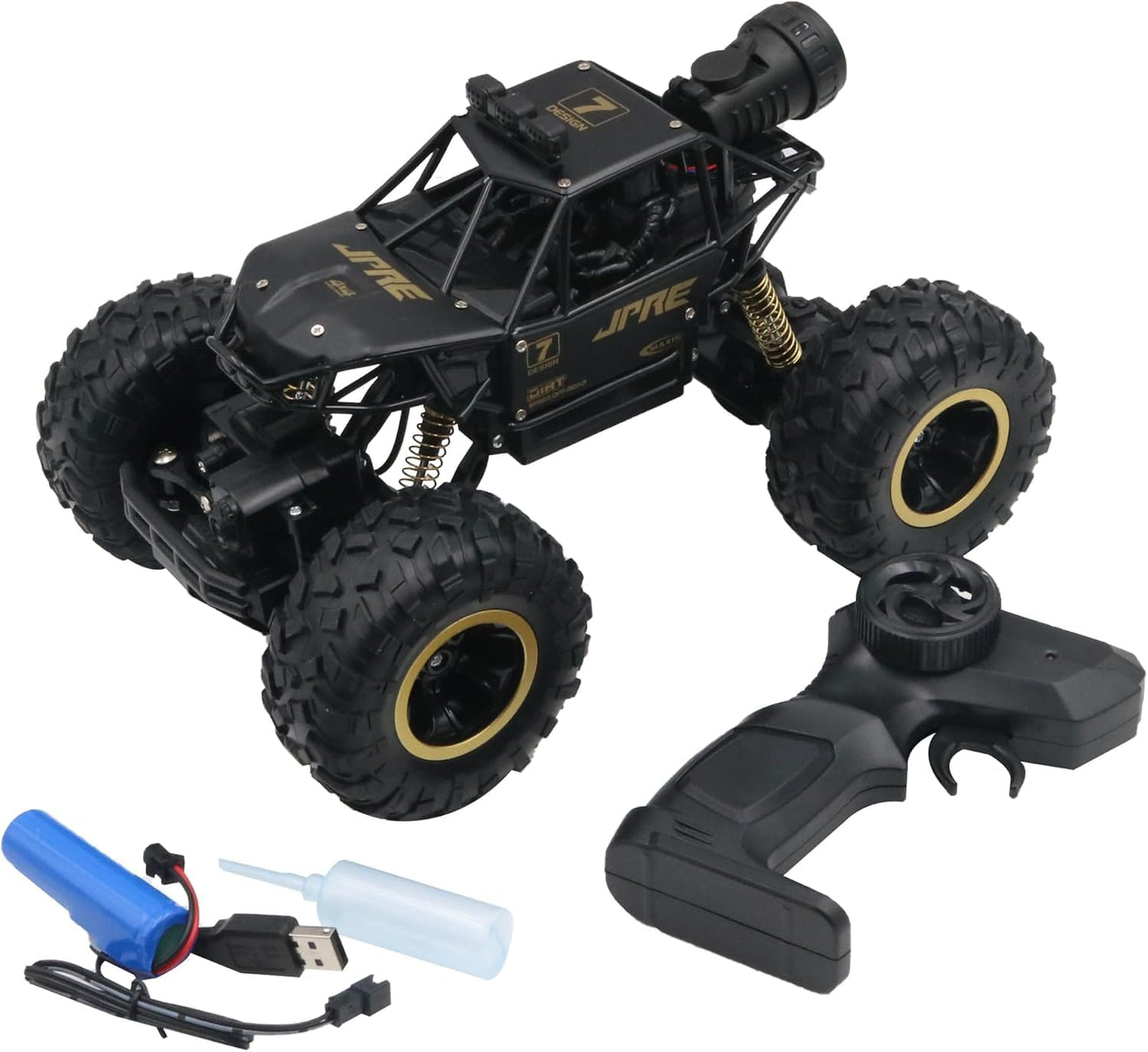 FUNFY 1:16 Rock Explorer 4WD RC Toy Car | Black | with 4 soft suspensions, dual motor, flash mist spray, better grip tires, sturdy body, and rechargeable battery as a gift for kids