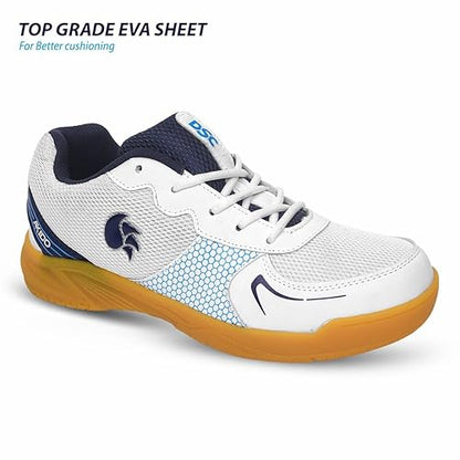 DSC Akido Badminton Shoes | Color: White, Navy &amp; Crepe For Men &amp; Boys | Material: Leather | Natural Crepe Rubber Non Marking Outsole | Breathable Mesh