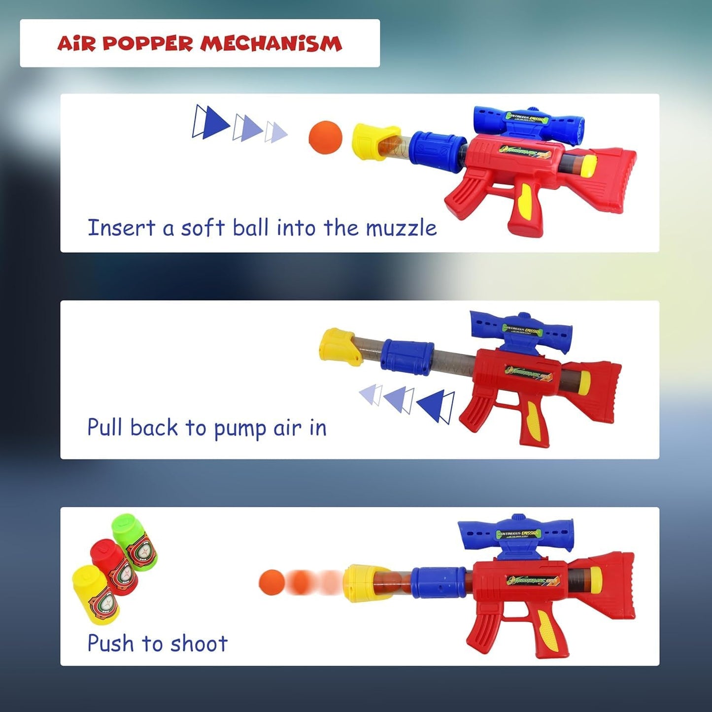 FUNFY Aerodynamische Softball-Pistole mit 8 Softball-Kugeln und 3 Dosen | Mehrfarbig | Schaumstoff und Kunststoff | Air Popper, perfekt für Zielübungen | Viel Spaß beim Schießen und sicheres Schießen | für Kinder
