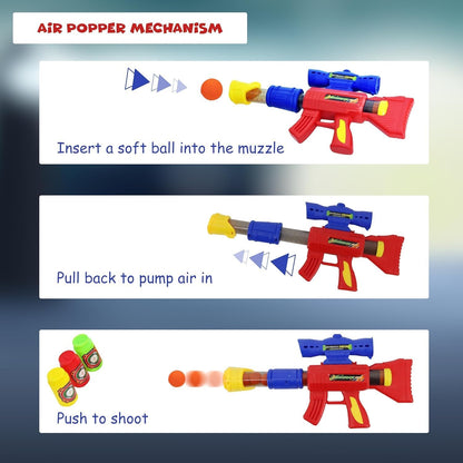 FUNFY Aerodynamische Softball-Pistole mit 8 Softball-Kugeln und 3 Dosen | Mehrfarbig | Schaumstoff und Kunststoff | Air Popper, perfekt für Zielübungen | Viel Spaß beim Schießen und sicheres Schießen | für Kinder