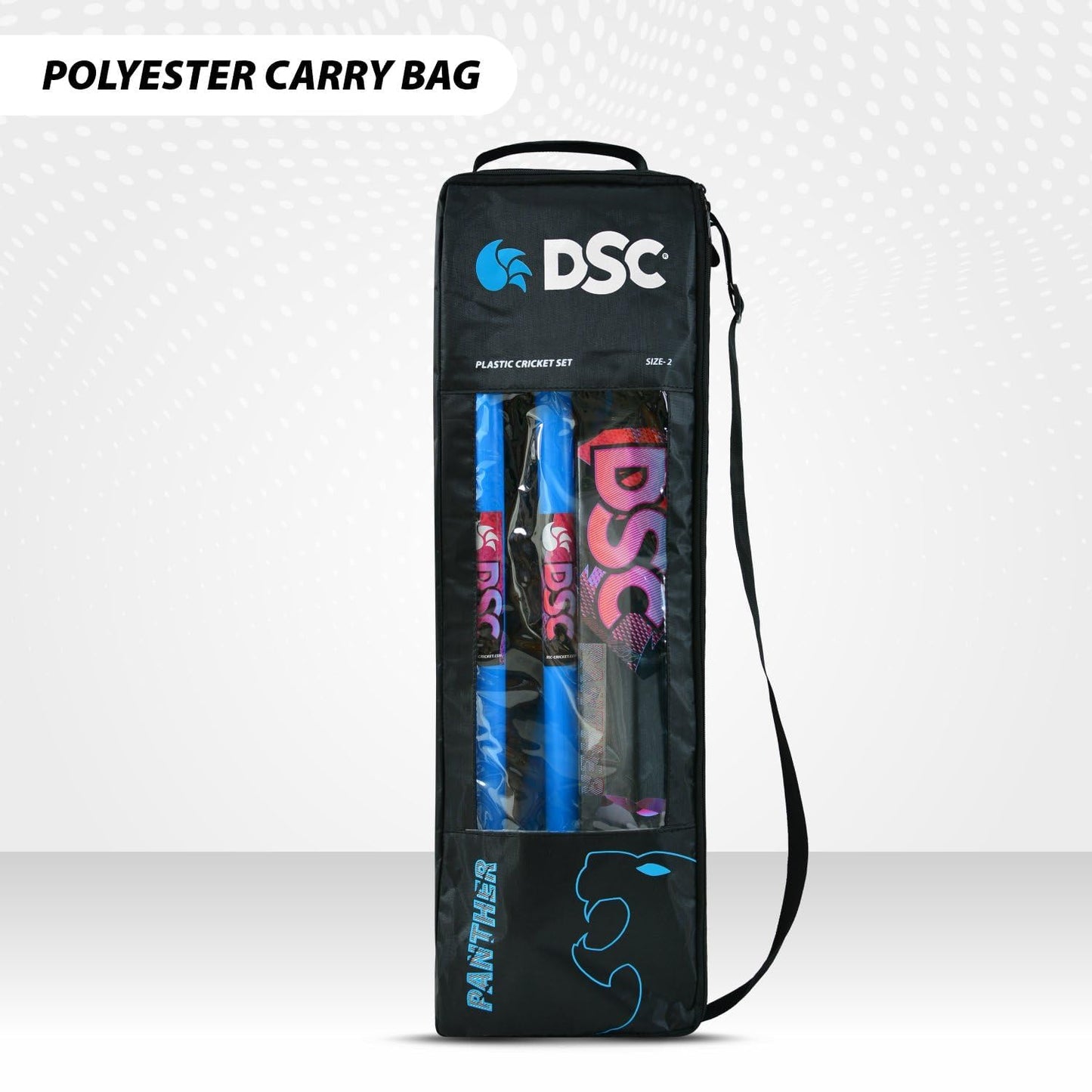 DSC Panther Cricket Set (1 Plastic Bat + 4 Plastic Stumps + 2 Base + 2 Bails + 1 PVC Ball) | Color: Black | Material: Plastic | Ideal for Tennis and Gully/Lawn Cricket | For Children