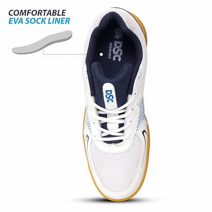 DSC Akido Badminton Shoes | Color: White, Navy &amp; Crepe For Men &amp; Boys | Material: Leather | Natural Crepe Rubber Non Marking Outsole | Breathable Mesh