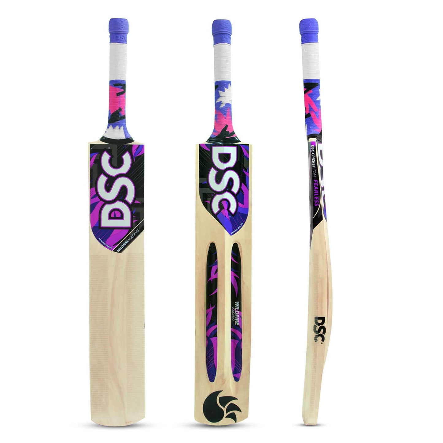 DSC Wildfire Volcano cricket bat for tennis ball | Color: Beige & Purple | Material: Kashmir Willow | For advanced players | Mid bladed | Perfectly balanced | With crossweave tape