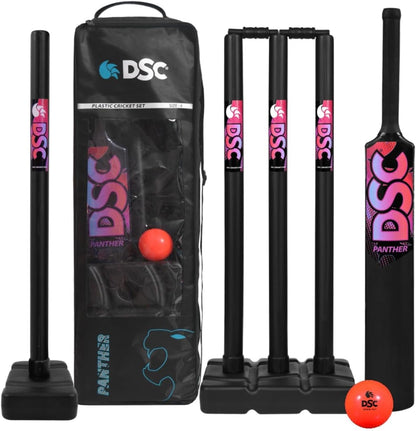 DSC Panther Cricket Set (1 Plastic Bat + 4 Plastic Stumps + 2 Base + 2 Bails + 1 PVC Ball) | Color: Black | Material: Plastic | Ideal for Tennis and Gully/Lawn Cricket | For Children