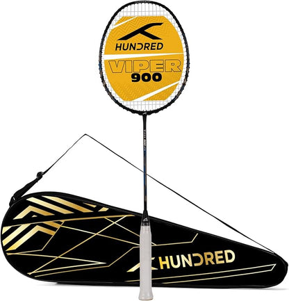 HUNDRED Viper 900 Carbon Fibre Strung Badminton Racket mit Full Racket Cover | Für Fortgeschrittene Spieler | 79 Gramm | Maximale Saitenspannung - 32lbs