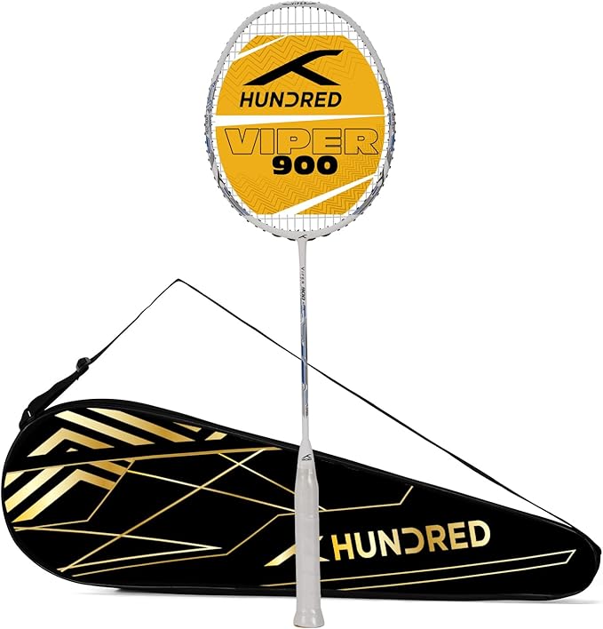 HUNDRED Viper 900 Carbon Fibre Strung Badminton Racket mit Full Racket Cover | Für Fortgeschrittene Spieler | 79 Gramm | Maximale Saitenspannung - 32lbs