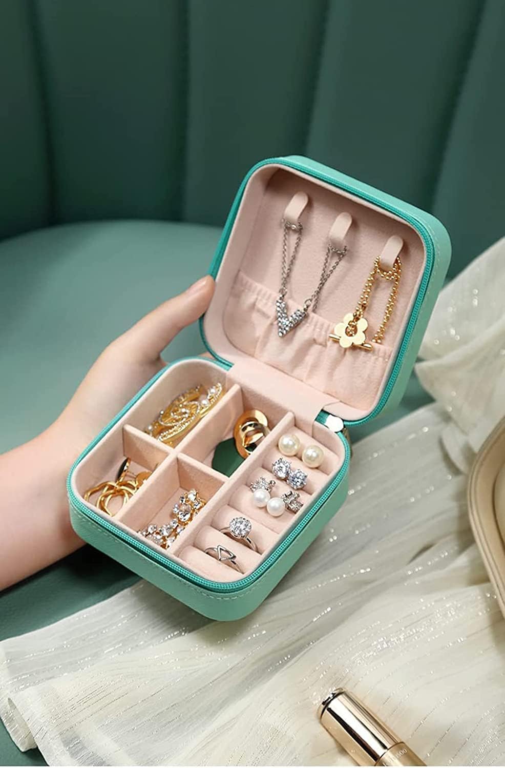 YouBella Jewellery Organiser PU Leder Zip Portable Storage Box Case mit Dividers Container für Ringe, Ohrringe, Halsketten, Home Organizer, Einheitsgröße, Kunstleder