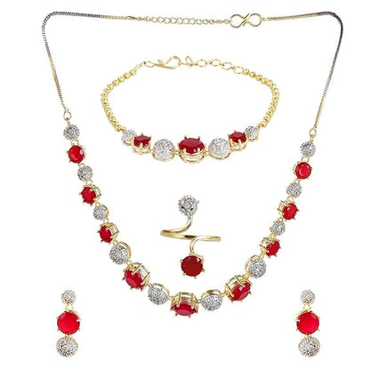 YouBella American Diamond Necklace Jewellery Set | Mit Ohrringen, Ring und Armband | Vergoldet | Material: Messing | Modischer Kunstschmuck | Langlebiges Design | Für Frauen & Mädchen