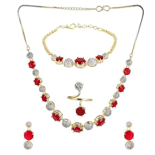 YouBella American Diamond Necklace Jewellery Set | Mit Ohrringen, Ring und Armband | Vergoldet | Material: Messing | Modischer Kunstschmuck | Langlebiges Design | Für Frauen & Mädchen