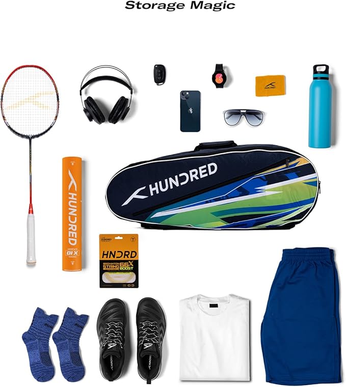 HUNDRED debut Badminton- und Tennisschlägertasche | Material: Polyester | Doppelfach mit Seitentasche | Einfacher Tragegriff | Gepolsterte Rückentragegurte | Reißverschlusstasche vorne