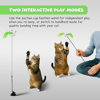Funfy Cat Wand Toy, Interactive Cat Feather Toy with Bird for Indoor Self-Play &amp; Exercise | 2 Play Modes Kitten Teaser Wand with Green Color Bird, Reusable Suction Cup Kitten Toy