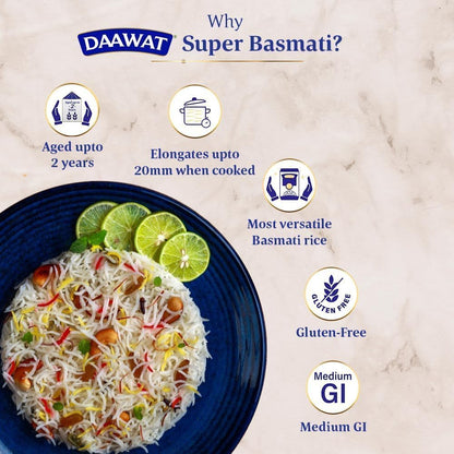 Daawat Super Basmati Reis Locker-körnig und langkörnig | Bis zu 20 mm lange Körner* | Vorteilspackung mit 20% mehr Inhalt