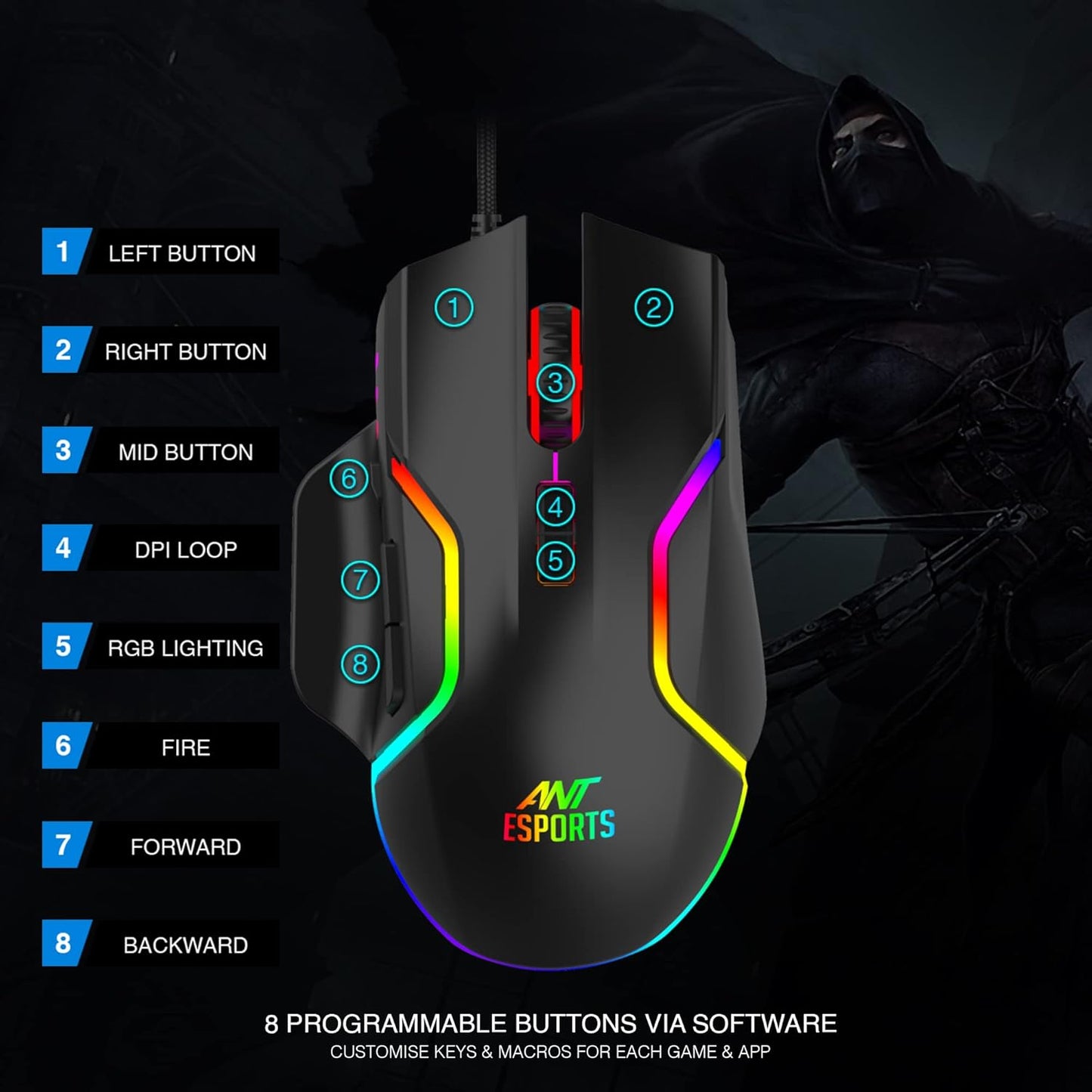 Ant Esports GM320 RGB Optische kabelgebundene Gaming-Maus | Beidhändig nutzbares Design | 8 programmierbare Tasten | Einstellbare DPI bis zu 12800 | RGB-Beleuchtung | Schnellfeuer-Taste