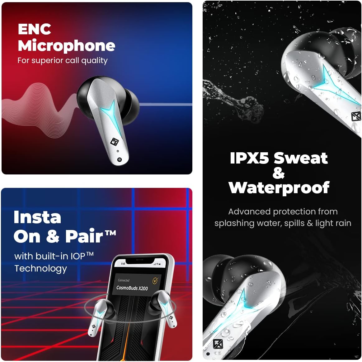 Cosmic Byte CosmoBuds X200 True Wireless Earbuds (TWS), BT 5.3, 38 ms Latenz GOD Mode™, Musikmodus, 40 Stunden, ENC, IPX5, Sprachassistent