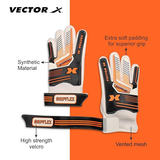 Vector X Gripflex Torwarthandschuhe für Kinder, Jugendliche, Torwart, Feldspieler-Handschuh, geprägt, rutschfeste Latex-Handfläche, weiches Polyurethan, Handrücken, Weiß, Schwarz, Orange, Größe 5
