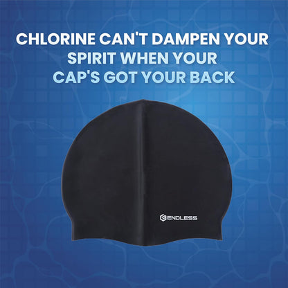 Endless EL1019 Klassische, bequeme, schlichte Badekappe aus Silikon | Schwarz | Vollelastische, wasserdichte Badekappe für langes und kurzes Haar mit dickerem Rand | Für Erwachsene, Frauen und Männer