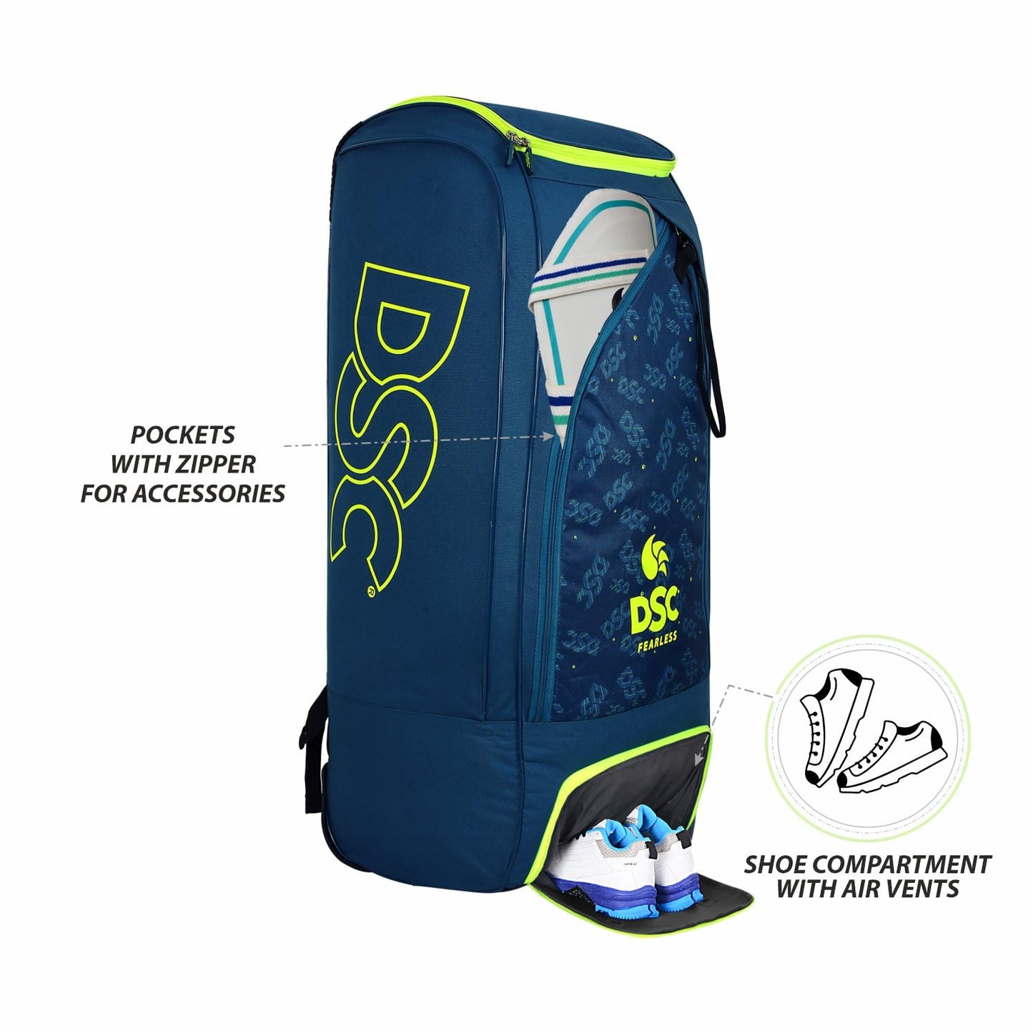 DSC Condor Pro Duffle Wheeler Polyester Cricket Kit Bag | Integrated Shoe Compartment | Green