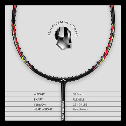 HUNDRED Powertek 2000 PRO Badminton Racket with Full String (Size: Standard, Grip Size: G6) | Stringing | Material: Graphite | For advanced players | Weight: 90 grams | Maximum string tension - 22-24lbs