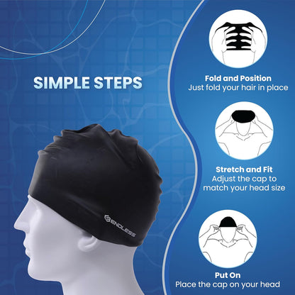 Endless EL1019 Klassische, bequeme, schlichte Badekappe aus Silikon | Schwarz | Vollelastische, wasserdichte Badekappe für langes und kurzes Haar mit dickerem Rand | Für Erwachsene, Frauen und Männer