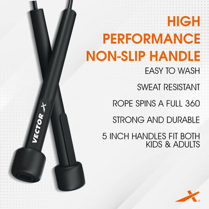 Vector X VXF 684 Skipping Rope for Men & Women (Black, Free Size -Adjustable) | Material -Nylon | For Cardio Workout | Warm Up | Weight Loss | Training | Skipping Rope for Exercise | Exercise Rope