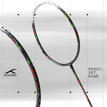 HUNDRED Powertek 1000 PRO Graphit bespannter Badmintonschläger mit kompletter Schlägerhülle | Für fortgeschrittene Spieler | 95 Gramm | Maximale Saitenspannung - 26lbs