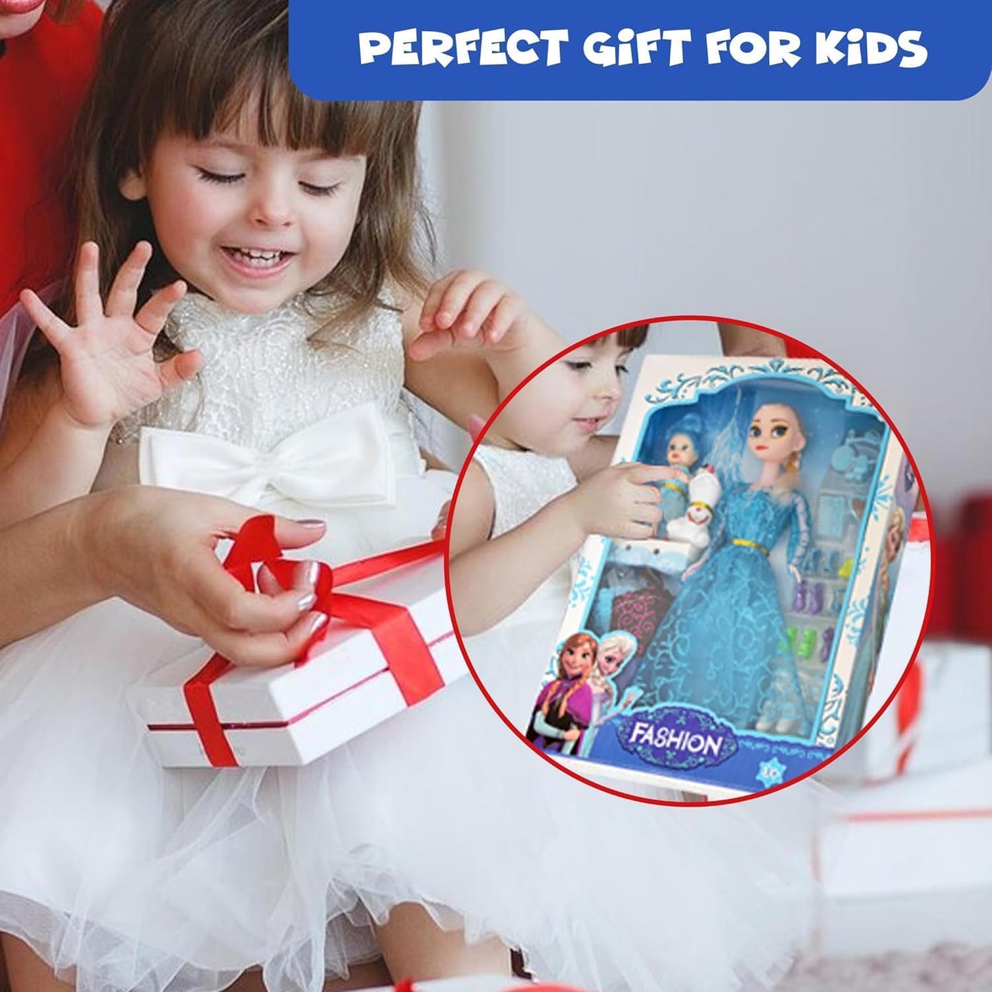 FUNFY 11" Eisprinzessinnen-Puppenset | Enthält zwei zusätzliche kleine Puppen | Blau | Material: Kunststoff | Zahlreiche Accessoires, darunter Kleider, Schuhe, Kamm und Spiegel für ausgedehntes Spielen | für Mädchen