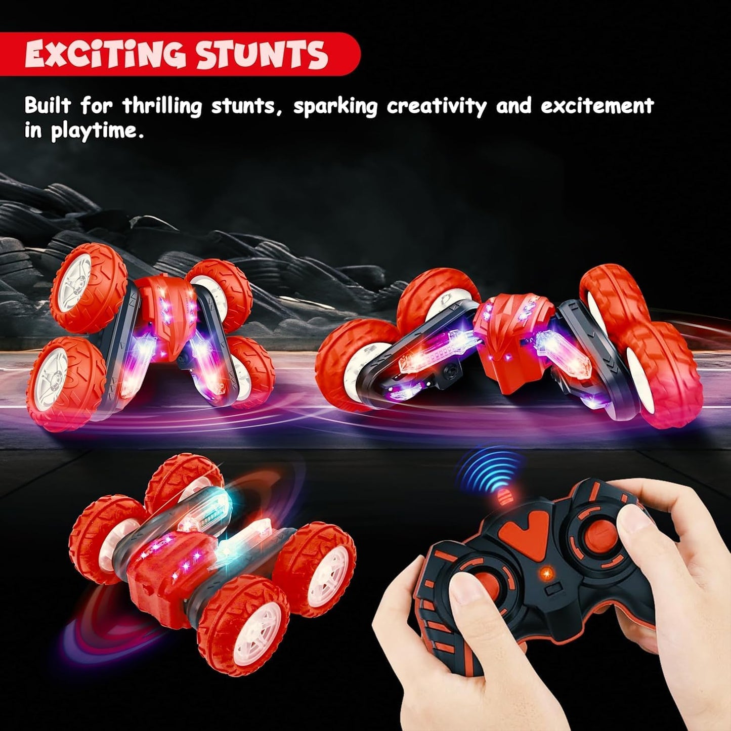 FUNFY 4WD High-Speed RC Butterfly Stunt Toy Car | Assorted | With 360° Flat and V-shaped rotation, double-sided drive | Non-slip, shock-resistant tires | Displays various messages for children