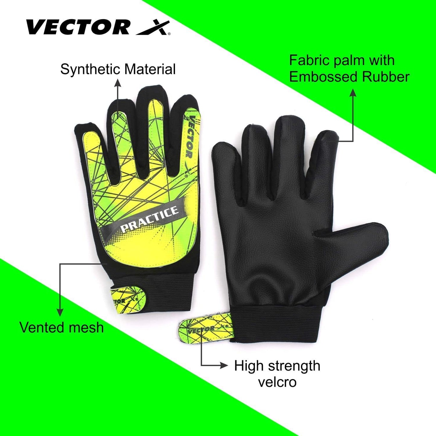 Vector X Practice Torwarthandschuhe | Schwarz-Grün | Handschuhe mit Fingersicherungen & Super Grip Handflächen | Fußballtorwarthandschuhe für Jugend | Erwachsene | Schwarz-Grün |