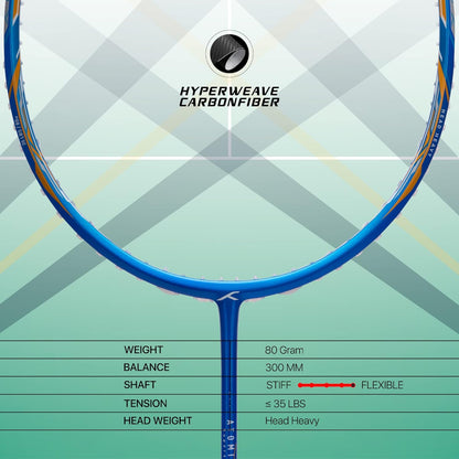 HUNDRED ATOMIC-X 35 SPD Carbonfaser-Badmintonschläger mit Besaitung und vollständiger Schlägerhülle  Für fortgeschrittene Spieler | 80 Gramm | Maximale Saitenspannung – 35 lbs