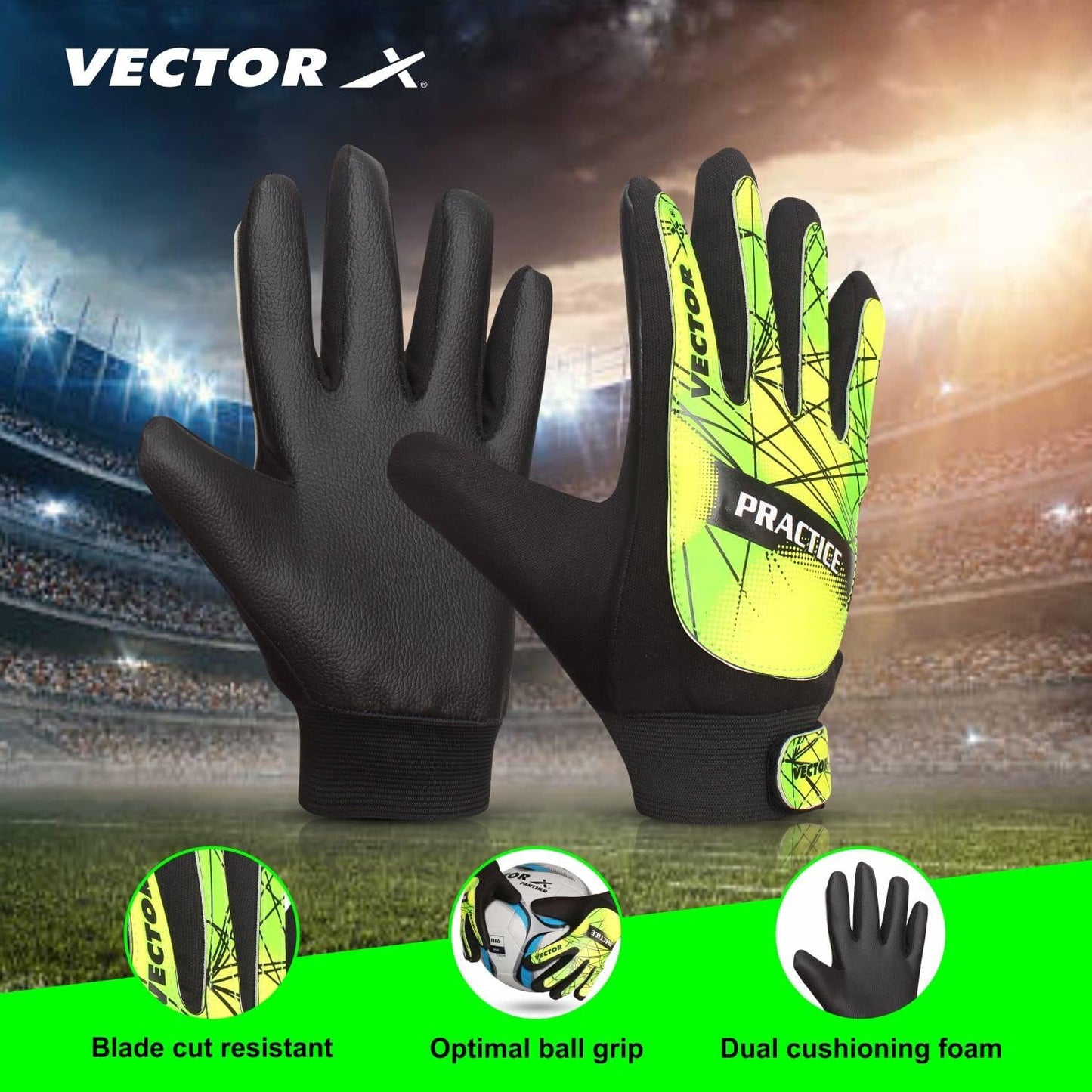 Vector X Practice Torwarthandschuhe | Schwarz-Grün | Handschuhe mit Fingersicherungen & Super Grip Handflächen | Fußballtorwarthandschuhe für Jugend | Erwachsene | Schwarz-Grün |