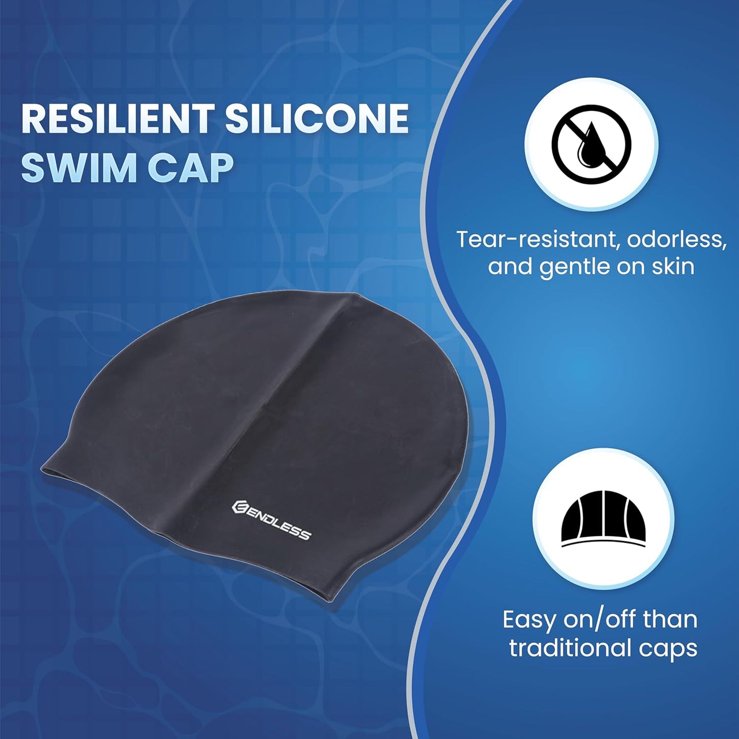 Endless EL1019 Klassische, bequeme, schlichte Badekappe aus Silikon | Schwarz | Vollelastische, wasserdichte Badekappe für langes und kurzes Haar mit dickerem Rand | Für Erwachsene, Frauen und Männer