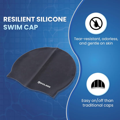 Endless EL1019 Klassische, bequeme, schlichte Badekappe aus Silikon | Schwarz | Vollelastische, wasserdichte Badekappe für langes und kurzes Haar mit dickerem Rand | Für Erwachsene, Frauen und Männer