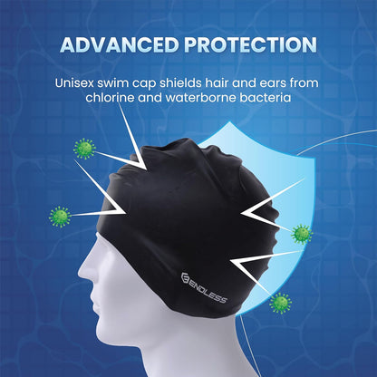 Endless EL1019 Klassische, bequeme, schlichte Badekappe aus Silikon | Schwarz | Vollelastische, wasserdichte Badekappe für langes und kurzes Haar mit dickerem Rand | Für Erwachsene, Frauen und Männer