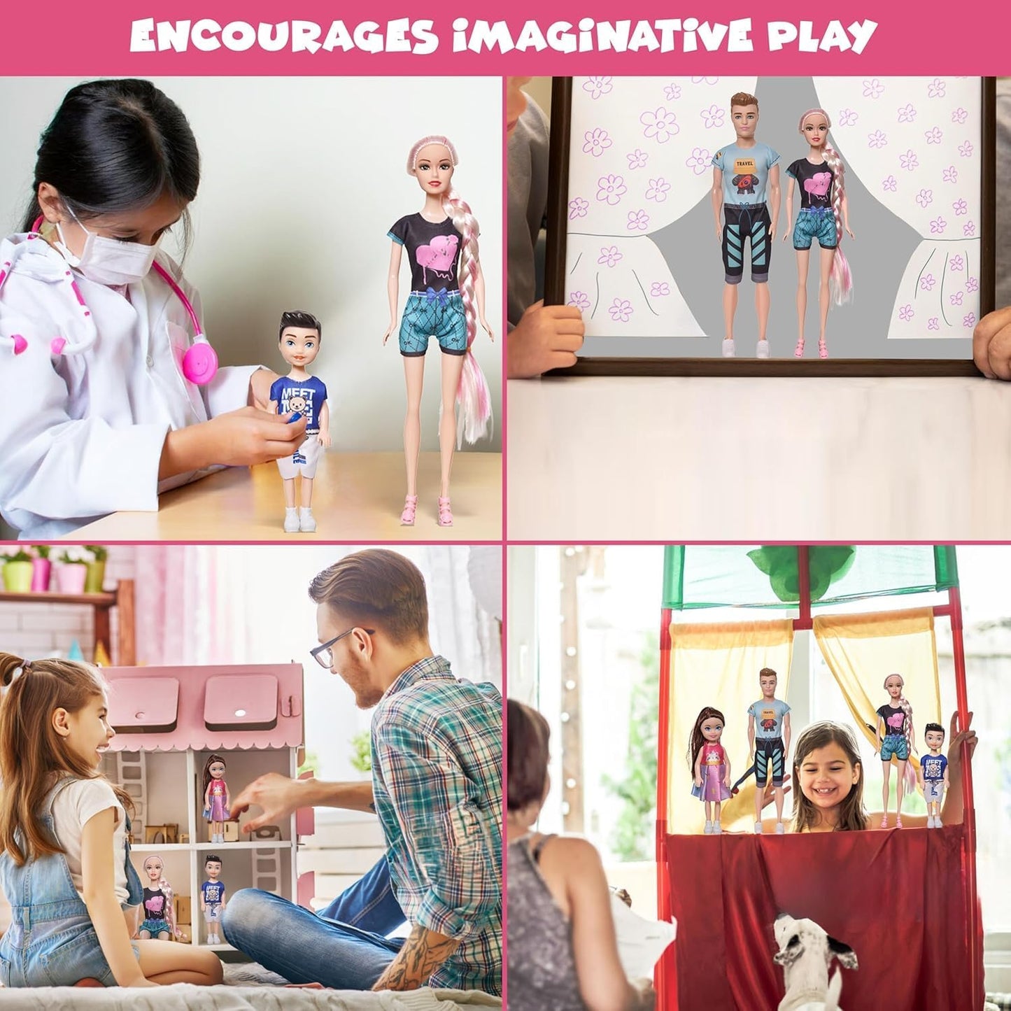 FUNFY Puppenset für Eltern und Kinder | Mehrfarbig | Die Elternpuppen haben einen 28 cm großen Körper aus massivem Kunststoff | Bietet eine komplette Familie – Vater, Mutter, Junge und Mädchen für fantasievolles Spielen | für Mädchen