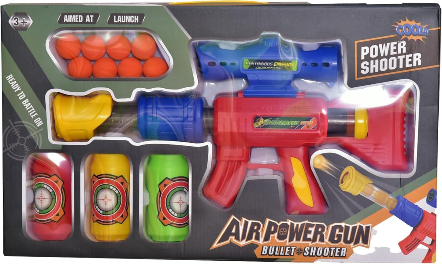 FUNFY Aerodynamische Softball-Pistole mit 8 Softball-Kugeln und 3 Dosen | Mehrfarbig | Schaumstoff und Kunststoff | Air Popper, perfekt für Zielübungen | Viel Spaß beim Schießen und sicheres Schießen | für Kinder