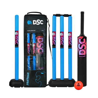 DSC Panther Cricket Set (1 Plastic Bat + 4 Plastic Stumps + 2 Base + 2 Bails + 1 PVC Ball) | Color: Black | Material: Plastic | Ideal for Tennis and Gully/Lawn Cricket | For Children