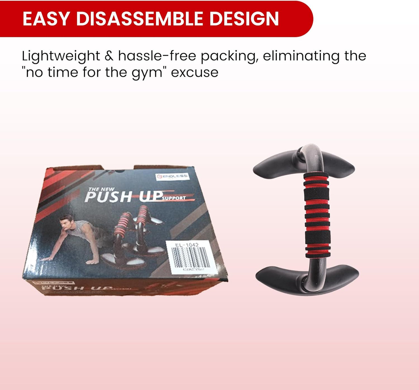 Endless EL1042 Push Up Stands with foam handle | Blank and red | Material: steel, plastic | For upper body training with comfortable foam handle and non-slip bars and reduced wrist strain