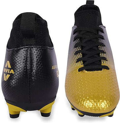 Nivia Ashtang Football Shoes (Black/Gold, 9 UK/ 10 US / 43 EU) | Synthetic Leather | PVC sole | Lace-Fastening | Padded Footbed			