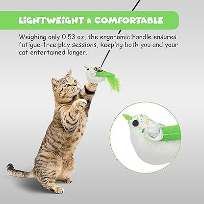 Funfy Cat Wand Toy, Interactive Cat Feather Toy with Bird for Indoor Self-Play &amp; Exercise | 2 Play Modes Kitten Teaser Wand with Green Color Bird, Reusable Suction Cup Kitten Toy