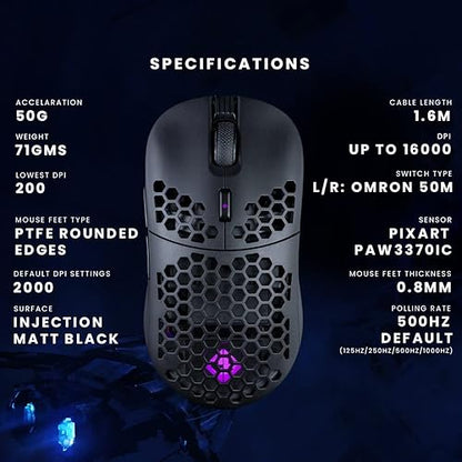 Cosmic Byte Kilonova 3370IC PRO X-Light Wireless Gaming Mouse, 71 Grams Lightweight, Pixart 3370 Sensor, DIY Hot-swappable Switches, 0.8MM PTFE feet (Black)			
