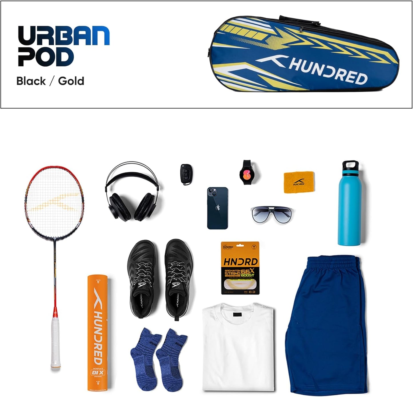 HUNDRED Urban Pod Badminton Kit Bag, 3 Spacious Compartments, Double Zip Closure
