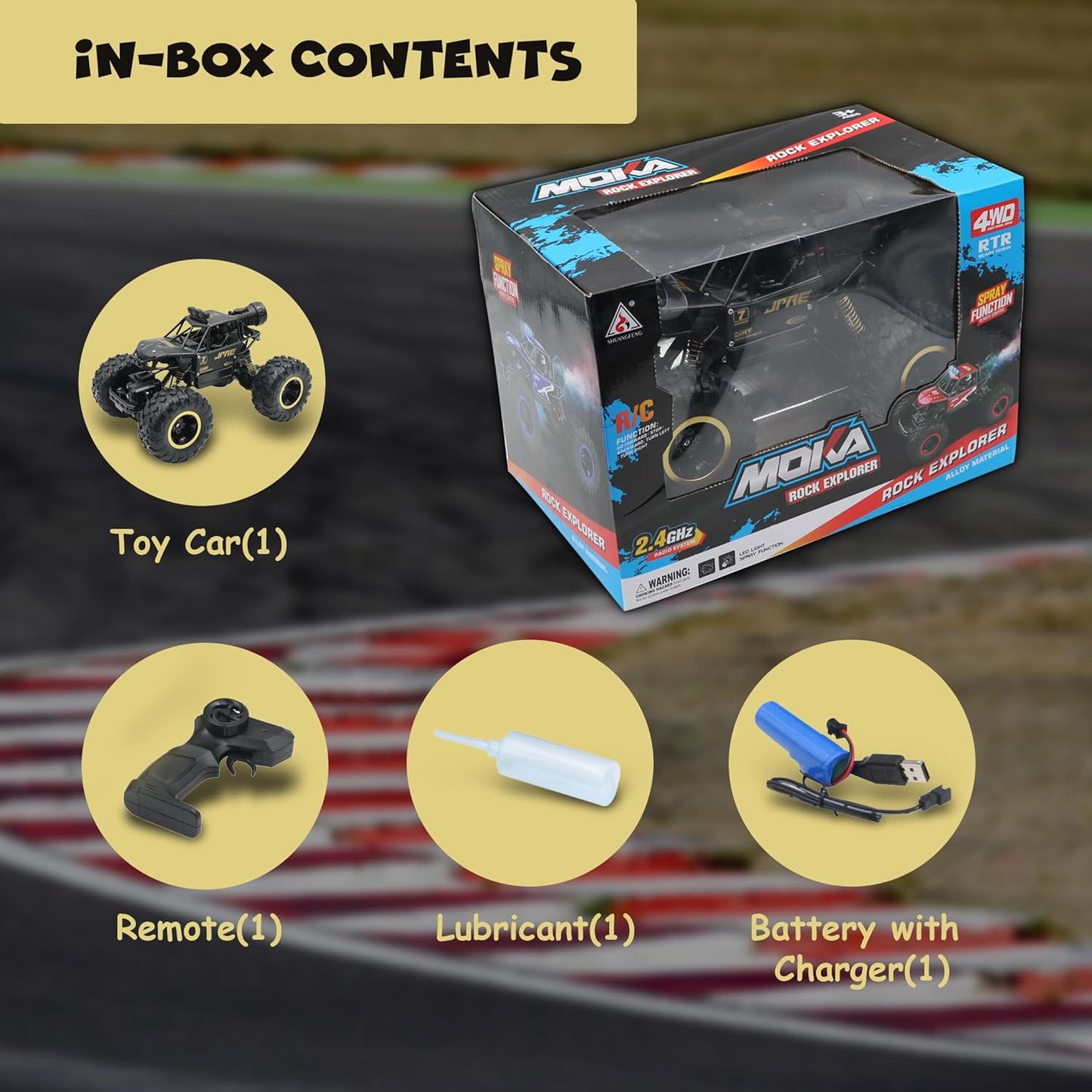 FUNFY 1:16 Rock Explorer 4WD RC Toy Car | Black | with 4 soft suspensions, dual motor, flash mist spray, better grip tires, sturdy body, and rechargeable battery as a gift for kids