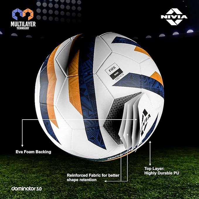 Nivia Dominator 3.0 Fußball, Spielball, 32 Felder, strapazierfähiges & weiches PU-Leder, Butyl-Gewebe verletzte Blase, FIFA Basic, zum Spielen auf natürlichem und künstlichem Rasen (Multicolor, Größe - 5)
