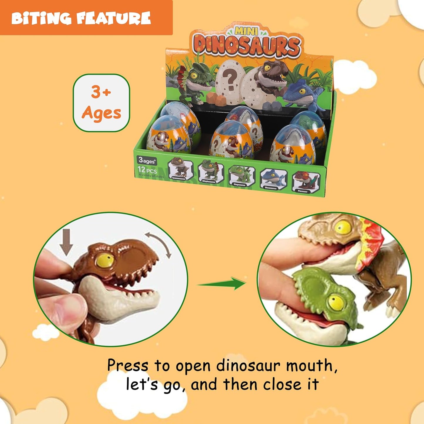 FUNFY Set mit 12 Dinosaurier-Spielzeugen zum Fingerbeissen | Mehrfarbig | Puppenset, Dinosaurier-Spielzeug zum Fingerbeissen, Dinosaurier-Fingerspielzeug | Interessantes interaktives Kinderspielzeug | Ideal als Geburtstagsgeschenk