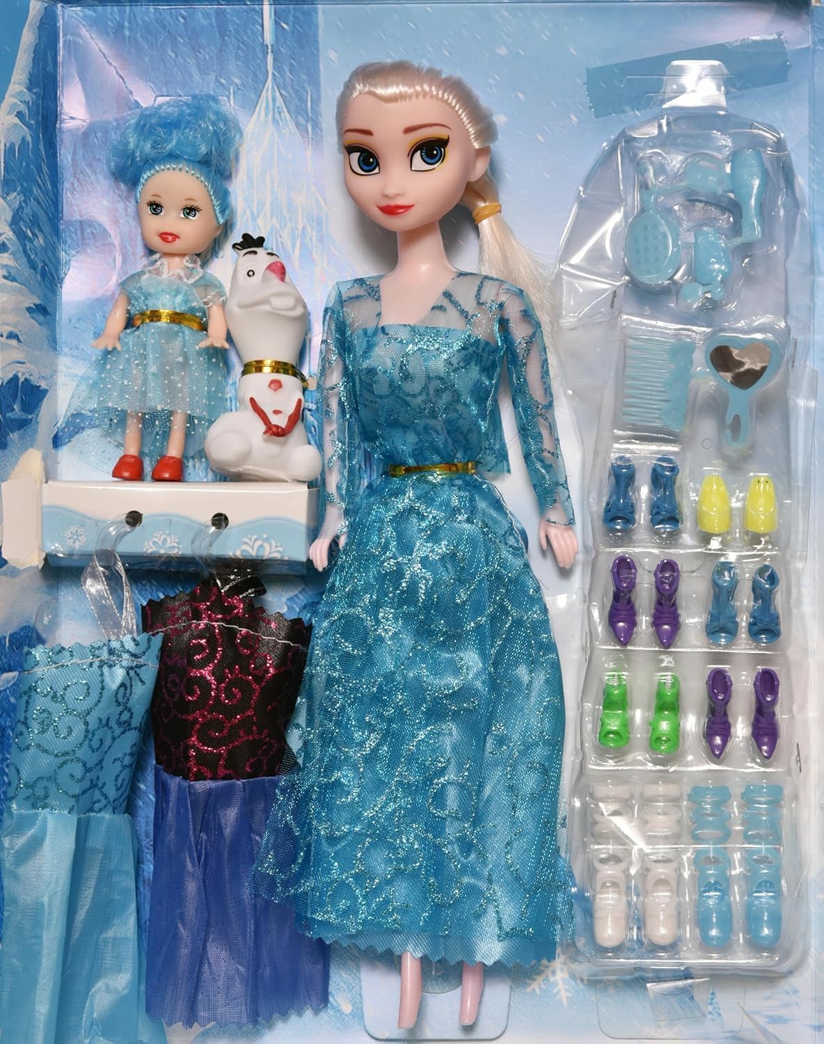 FUNFY 11" Eisprinzessinnen-Puppenset | Enthält zwei zusätzliche kleine Puppen | Blau | Material: Kunststoff | Zahlreiche Accessoires, darunter Kleider, Schuhe, Kamm und Spiegel für ausgedehntes Spielen | für Mädchen