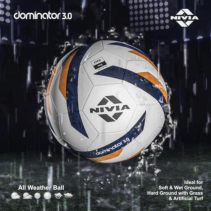 Nivia Dominator 3.0 Fußball, Spielball, 32 Felder, strapazierfähiges & weiches PU-Leder, Butyl-Gewebe verletzte Blase, FIFA Basic, zum Spielen auf natürlichem und künstlichem Rasen (Multicolor, Größe - 5)