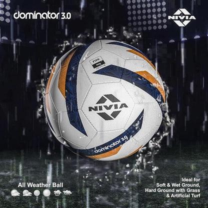 Nivia Dominator 3.0 Fußball, Spielball, 32 Felder, strapazierfähiges & weiches PU-Leder, Butyl-Gewebe verletzte Blase, FIFA Basic, zum Spielen auf natürlichem und künstlichem Rasen (Multicolor, Größe - 5)