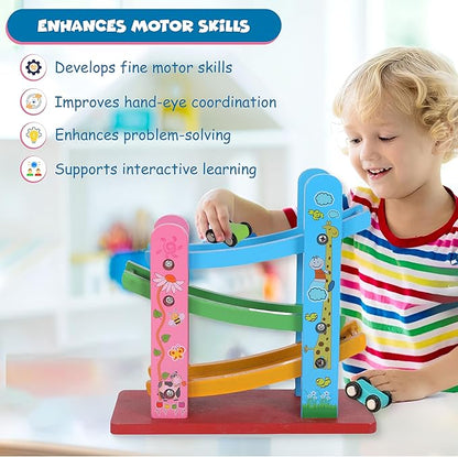 FUNFY Wooden Race Track Game with 3 Mini Cars | Multicolored | Material: Wood | Montessori Table Toy for Developing Creativity | Vibrant Design, for Children