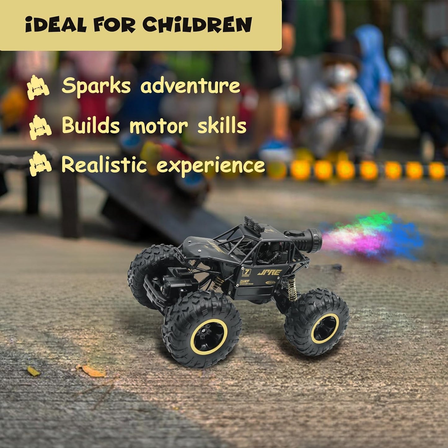 FUNFY 1:16 Rock Explorer 4WD RC Toy Car | Black | with 4 soft suspensions, dual motor, flash mist spray, better grip tires, sturdy body, and rechargeable battery as a gift for kids